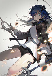  ahoge aqua_eyes arknights artist_name asymmetrical_bangs bare_legs black_jacket black_shorts blue_hair breasts closed_mouth commentary cowboy_shot demon_horns demon_tail dual_wielding female fur-trimmed_jacket fur_trim gloves hair_between_eyes halo holding holding_staff horns jacket light_particles long_hair long_sleeves looking_at_viewer medium_breasts mostima_(arknights) open_clothes open_jacket parted_bangs photoshop_(medium) shirt short_shorts shorts simple_background smile solo soyoong_jun staff strap tail thighs white_background white_gloves white_shirt 