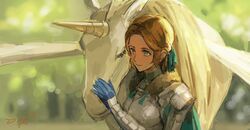  armor blonde_hair commentary_request creature female fire_emblem fire_emblem:_three_houses fon-due_(fonfon) gloves green_eyes hair_ribbon ingrid_brandl_galatea parted_bangs pegasus pegasus_knight_uniform_(fire_emblem) ribbon short_hair 