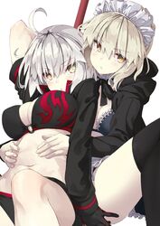  2girls artoria_pendragon_(alter_swimsuit_rider)_(fate) artoria_pendragon_(alter_swimsuit_rider)_(second_ascension)_(fate) artoria_pendragon_(fate) bikini black_bikini black_gloves black_jacket blonde_hair commentary_request cropped_jacket fate/grand_order fate_(series) gloves grey_hair highres iwasaki_takashi jacket jeanne_d&#039;arc_alter_(fate) jeanne_d&#039;arc_alter_(swimsuit_berserker)_(fate) maid maid_bikini maid_headdress multiple_girls o-ring o-ring_bikini shrug_(clothing) swimsuit unconventional_maid yellow_eyes 