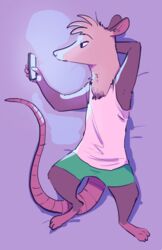  2019 ambiguous_gender american_opossum anthro arm_tuft barefoot biped bottomwear cellphone chest_tuft clothed clothing elbow_tuft electronics feet fuel_(artist) half-closed_eyes hand_behind_head head_tuft hi_res holding_object knee_tuft leg_markings leg_tuft lying mammal markings marsupial narrowed_eyes neck_tuft on_back phone purple_background shirt shorts shoulder_tuft simple_background socks_(marking) solo tank_top topwear tuft virginia_opossum zelda_(fuel) 