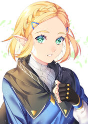  akapug621 blonde_hair blue_eyes blue_shirt braid cape commentary_request crown_braid female fingerless_gloves gloves green_eyes hair_ornament hairclip long_hair long_sleeves looking_at_viewer parted_bangs pointy_ears princess_zelda shirt short_hair simple_background smile solo the_legend_of_zelda the_legend_of_zelda:_tears_of_the_kingdom thick_eyebrows upper_body 