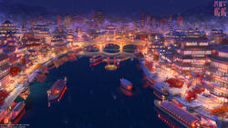  architecture arsenixc boat bridge building canal city city_lights cityscape commentary_request copyright_name east_asian_architecture from_above gazebo highres lamppost night night_sky nikki_(series) no_humans official_art outdoors pagoda reflection road scenery shining_nikki ship sky skyline skyscraper star_(sky) street torii tree water watercraft watermark 