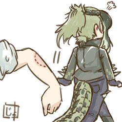  1boy artist_logo asst_lab bite_mark bitten black_gloves commentary crocodilian_tail female fingerless_gloves gloves green_hair jacket kemono_friends long_hair multicolored_hair out_of_frame pants ponytail puff_of_air saltwater_crocodile_(kemono_friends) simple_background tail tail_through_clothes walking_away white_background 