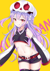  :q bare_shoulders belt belt_buckle black_shirt black_shorts black_thighhighs blush breasts buckle character_request closed_mouth commentary_request cowboy_shot detached_sleeves female hair_between_eyes hair_tubes heart heart-shaped_pupils highres long_hair long_sleeves midriff navel purple_hair red_belt red_eyes satori_(ymoy) shirt short_shorts shorts simple_background skull_belt skull_on_head skull_x_girls sleeveless sleeveless_shirt sleeves_past_fingers sleeves_past_wrists small_breasts smile solo symbol-shaped_pupils thighhighs tongue tongue_out two_side_up very_long_hair white_headwear yellow_background 