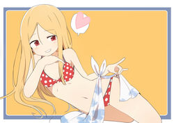  absurdres bikini blonde_hair blush bural_chingu commentary female grin hair_between_eyes heart highres korean_commentary lee_ji-min long_hair looking_at_viewer luke_(dydansgur) navel polka_dot polka_dot_bikini polka_dot_swimsuit red_eyes sarong smile solo spoken_heart swimsuit 