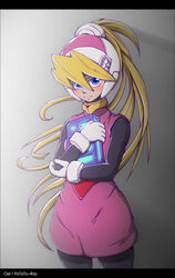  artist_name blonde_hair blue_eyes blush character_name ciel_(mega_man) commentary_request female gloves grey_background hair_between_eyes headgear high_ponytail highres holding letterboxed long_hair mega_man_(series) mega_man_zero_(series) pantyhose ponytail potato-ray simple_background skirt solo white_gloves 