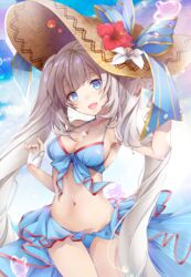  :d akatsuki_hijiri bare_shoulders bikini bikini_skirt blue_bikini blue_eyes blue_sky blush breasts cleavage collarbone commentary_request day fate/grand_order fate_(series) female fingerless_gloves flower gloves grey_hair groin hat hat_flower head_tilt hibiscus highres jewelry long_hair looking_at_viewer marie_antoinette_(fate) marie_antoinette_(swimsuit_caster)_(fate) marie_antoinette_(swimsuit_caster)_(third_ascension)_(fate) medium_breasts navel necklace open_mouth outdoors signature sky smile solo stomach straw_hat sun_hat sunglasses swimsuit tinted_eyewear twintails very_long_hair white_gloves 