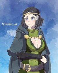  black_hair breasts cleavage cleavage_cutout cloak clothing_cutout commentary_request fantasy female fire_emblem fire_emblem_awakening fire_emblem_fates forehead furrowed_brow gold_trim grey_eyes highres hood hooded_cloak large_breasts md5_mismatch noire_(fire_emblem) smile solo traveler_san watermark 