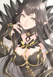  akapug621 bad_id bad_pixiv_id black_dress black_hair breasts cleavage commentary_request dress fate/apocrypha fate/grand_order fate_(series) feather_trim female large_breasts long_hair pointy_ears semiramis_(fate) sidelocks solo very_long_hair yellow_eyes 