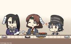  ! !! 3girls arare_(kancolle) black_hair blouse boat_(tableware) brown_eyes brown_hair chiyoda_(kancolle) choko_(cup) closed_eyes commentary_request conveyor_belt conveyor_belt_sushi cup dated food gloves hamu_koutarou hat headband highres kantai_collection landing_craft multiple_girls nachi_(kancolle) one_eye_closed remodel_(kantai_collection) school_uniform shirt short_hair side_ponytail sushi tag white_gloves 