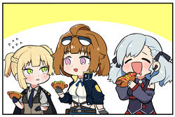  3girls ^_^ ^o^ absurdres bare_shoulders belt black_gloves blush braid breasts chibi closed_eyes commentary_request corset detached_sleeves drooling earpiece eyewear_on_head flying_sweatdrops girls&#039;_frontline gloves green_eyes grizzly_mkv_(girls&#039;_frontline) highres hot_dog jacket jacket_on_shoulders long_hair multiple_girls necktie nemoga purple_eyes short_hair spas-12_(girls&#039;_frontline) sunglasses thick_eyebrows twintails two_side_up vest welrod_mkii_(girls&#039;_frontline) 