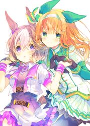  2girls animal_ears black_gloves blush bow bowtie brown_hair brown_vest closed_mouth collared_shirt gloves green_eyes hair_between_eyes hair_ornament hairband hairbow hairclip holding_hands horse_ears horse_girl jacket layered_sleeves long_hair long_sleeves multicolored_hair multiple_girls neck_ribbon nekoto_rina open_clothes open_jacket orange_hair parted_lips pleated_skirt protected_link puffy_short_sleeves puffy_sleeves purple_bow purple_bowtie purple_eyes purple_ribbon ribbon shirt short_over_long_sleeves short_sleeves silence_suzuka_(umamusume) simple_background skirt smile special_week_(umamusume) streaked_hair umamusume very_long_hair vest white_background white_hair white_jacket white_shirt white_skirt wristband 