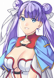  akapug621 alternate_hairstyle bad_id bad_pixiv_id blue_capelet blue_eyes breasts capelet cleavage cleavage_cutout clothing_cutout collarbone commentary_request double_bun fate/grand_order fate_(series) female hair_bun hair_ribbon long_hair looking_at_viewer martha_(fate) medium_breasts purple_hair ribbon simple_background smile solo twintails upper_body very_long_hair white_background white_ribbon 