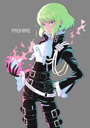  1boy ascot belt black_gloves black_jacket blonde_hair commentary_request earrings fire gloves green_fire green_hair half_gloves jacket jewelry kusakari lio_fotia looking_at_viewer male_focus promare purple_eyes purple_fire pyrokinesis solo 