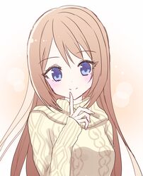  aran_sweater blue_eyes blush breasts brown_background brown_hair brown_sweater cable_knit closed_mouth commentary_request female fingernails gradient_background hand_up index_finger_raised long_hair long_sleeves looking_at_viewer original sleeves_past_wrists small_breasts smile solo suzume_anko sweater upper_body white_background 