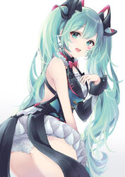  absurdres aqua_eyes aqua_hair ass bad_id bad_pixiv_id blue_eyes blush bow bowtie commentary cowboy_shot detached_sleeves dress facial_mark female from_side fusuma_(ramunezake) hair_between_eyes hand_on_own_chest hatsune_miku highres long_hair looking_at_viewer magical_mirai_(vocaloid) magical_mirai_miku magical_mirai_miku_(2019) necktie open_mouth panties simple_background sleeveless smile solo teeth tutu twintails underwear very_long_hair vocaloid white_background 