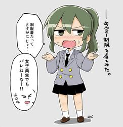  alternate_costume bad_id bad_twitter_id blazer closed_eyes collared_shirt commentary_request facial_hair female goatee green_hair igarashi_futaba_(shiromanta) jacket kill_me_baby kneehighs laughing loafers long_sleeves medium_hair motokazu_(dontokodon) necktie oerba_yun_fang pleated_skirt ponytail school_uniform senpai_ga_uzai_kouhai_no_hanashi shirt shoes shrugging skirt socks solo stubble sweatdrop takeda_harumi_(shiromanta) thick_eyebrows translation_request uniform white_legwear white_shirt 