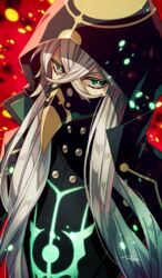  1boy asclepius_(fate) black_jacket commentary_request eyebrows_hidden_by_hair fate/grand_order fate_(series) green_eyes hair_between_eyes hood hood_up hooded_jacket hoodie jacket long_hair long_sleeves looking_at_viewer male_focus moru solo standing white_hair 