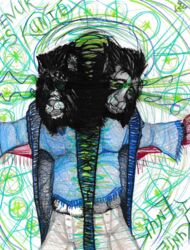  2018 anthro black_body black_fur bottomwear clothed clothing coat facial_hair felid fur grey_body grey_fur hair hybrid lion magic male mammal multicolored_body multicolored_fur orc pantherine pants scarf shirt sideburns solo striped_body striped_fur stripes text the_gingerbeard_man tiger tigon topwear traditional_media_(artwork) transformation white_body white_fur 