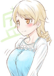  aged_up alternate_breast_size arms_at_sides bad_id bad_twitter_id blonde_hair blouse blue_dress blush breast_expansion breasts buttons commentary dress drill_hair earrings female highres idolmaster idolmaster_cinderella_girls jewelry kiyu_rei large_breasts long_hair long_sleeves looking_ahead morikubo_nono orange_eyes ringlets shirt solo stud_earrings tearing_up tears text_background upper_body white_background white_shirt 