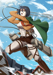  black_eyes black_hair blue_sky boots breasts cape cloud coat commentary cropped_jacket day female green_cape highres house impossible_clothes impossible_shirt lens_flare medium_breasts mikasa_ackerman motion_lines pants photoshop_(medium) red_scarf scarf shingeki_no_kyojin shirt sky solo stock-world three-dimensional_maneuver_gear wall 