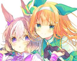  2girls animal_ears black_gloves blush bow bowtie brown_hair closed_mouth collared_shirt gloves green_eyes hair_between_eyes hair_ornament hairband hairbow hairclip holding_hands horse_ears horse_girl jacket layered_sleeves long_hair long_sleeves multicolored_hair multiple_girls neck_ribbon nekoto_rina orange_hair parted_lips protected_link puffy_short_sleeves puffy_sleeves purple_bow purple_bowtie purple_eyes purple_ribbon ribbon shirt short_over_long_sleeves short_sleeves silence_suzuka_(umamusume) simple_background smile special_week_(umamusume) streaked_hair umamusume upper_body white_background white_hair white_jacket white_shirt wristband 