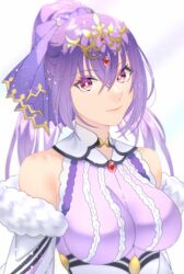  akapug621 bad_id bad_pixiv_id breasts commentary_request detached_sleeves dress fate/grand_order fate_(series) female fur-trimmed_sleeves fur_trim hair_between_eyes hair_ribbon large_breasts light_smile long_hair ponytail purple_dress purple_eyes purple_hair purple_ribbon ribbon scathach_(fate) scathach_skadi_(fate) scathach_skadi_(third_ascension)_(fate) sleeveless sleeveless_dress solo upper_body 