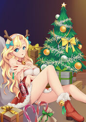  absurdres aqua_bow aqua_eyes arm_under_breasts armband azur_lane bare_shoulders bell blonde_hair boots bow box breasts can candy candy_cane choker christmas_ornaments christmas_tree commentary_request covered_nipples cross dress drink_can dropping emile_bertin_(azur_lane) fake_antlers female food foreshortening fur-trimmed_boots fur_trim gift gift_bag gift_box gradient_background green_ribbons hairbow high_heel_boots high_heels highres indoors jingle_bell knee_up large_breasts long_hair looking_at_viewer neck_bell no_bra on_floor open_mouth panties pantyshot parted_bangs pink_nails reclining red_armband red_dress red_footwear ribbon sitting soda soda_can solo strapless strapless_dress tareme the_hermit thighs tongue two-tone_dress underwear wavy_hair white_dress white_panties yellow_ribbon 