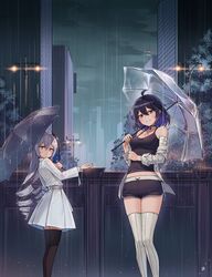  2girls ahoge aliceblue artist_name bandaged_arm bandages bare_shoulders belt black_choker black_hair black_shirt black_shorts black_thighhighs blue_hair blush breasts bronya_zaychik bronya_zaychik_(herrscher_of_reason) building camisole choker cityscape cleavage collarbone commentary_request crossed_bangs dolphin_shorts drill_hair grey_eyes grey_hair grin hair_between_eyes hair_ornament hand_up highres holding holding_umbrella honkai_(series) honkai_impact_3rd jacket korean_commentary lamppost long_hair long_sleeves looking_at_viewer md5_mismatch medium_breasts midriff multicolored_hair multiple_girls night off_shoulder open_clothes open_jacket open_shirt outdoors parasol pleated_skirt purple_eyes rain school_uniform see-through seele_vollerei shirt short_hair short_shorts shorts sidelocks skirt sleeveless sleeveless_shirt smile standing striped_clothes striped_thighhighs tank_top tattoo thighhighs thighs transparent transparent_umbrella twin_drills twintails two-tone_hair umbrella vertical-striped_clothes vertical-striped_thighhighs water wet wet_clothes white_jacket white_shirt white_skirt white_thighhighs 