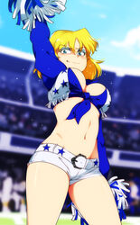  arm_up belt blonde_hair blurry blurry_background breasts cheerleader commentary cowboy_shot dallas_cowboys dallas_cowboys_cheerleader day english_commentary female flying_sweatdrops green_eyes highres jcm2 large_breasts looking_at_viewer lori_loud micro_shorts midriff national_football_league navel no_legwear outdoors pom_pom_(cheerleading) shirt short_hair short_shorts shorts smile smirk solo sparkle sweat the_loud_house tied_shirt 