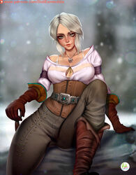  breasts ciri commentary didi_esmeralda female freckles gloves green_eyes grey_hair jewelry lips long_hair looking_at_viewer makeup medium_breasts necklace pants photoshop_(medium) scar short_hair solo sword the_witcher_(series) the_witcher_3 weapon witcher_medallion 