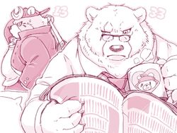  2019 4:3 anthro bear belly clothing crushfang_(sdorica_sunset) dagger_(sdorica_sunset) duo eyewear glasses hat headgear headwear hi_res humanoid_hands male mammal overweight overweight_male polar_bear scar sdorica shirt topwear ursine zapapanda 