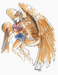  2019 4_fingers anthro barefoot biped black_nose blue_bottomwear blue_clothing blue_shorts bottomwear brown_hair butte canid canine canis clothed clothing coyote curved_tail cutoffs dark_nose denim denim_bottomwear denim_clothing feathers feet female fingers fully_clothed fur green_eyes hair halter_top heather_bruton hi_res huge_wings litan mammal midriff monotone_bottomwear monotone_clothing monotone_shorts moon multicolored_clothing multicolored_topwear pattern_clothing pattern_topwear plantigrade red_clothing red_topwear shorts signature simple_background snout solo tail tan_body tan_ears tan_feathers tan_fur tan_hair tan_tail tan_wings topwear two_tone_clothing two_tone_topwear white_background white_clothing white_topwear wings year 