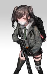  ar-15 backpack bag black_thighhighs blush brown_eyes brown_hair collared_shirt commentary_request female gradient_background green_neckwear gun hair_between_eyes highres holding holding_gun holding_weapon idolmaster idolmaster_cinderella_girls ihobus jacket korean_commentary long_hair long_sleeves looking_at_viewer mask mole mole_under_eye mouth_mask rifle shirt simple_background skindentation skirt solo sunazuka_akira surgical_mask sweatdrop thigh_strap thighhighs twintails weapon white_shirt 