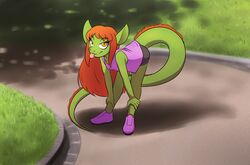  2019 adolescent anthro bent_over bent_over_with_legs_held_straight blep bottomwear clothed clothing dragon extended_arms female fully_clothed green_body green_scales hair hands_on_ankles hands_on_legs hands_on_own_ankles hands_on_own_legs hands_on_own_shins hands_on_shins holding_both_ankles holding_both_legs holding_both_shins kaya_(twin_dragons) leaning_on_self long_hair mythological_creature mythological_scalie mythology outside pupils red_hair robin_dassen scales scalie shorts slit_pupils solo straight_legs tail tongue tongue_out twin_dragons_(webcomic) yellow_eyes young 