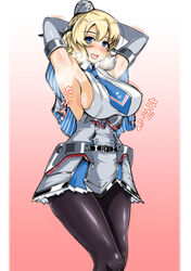  absurdres anchor armpits black_gloves black_pantyhose blonde_hair blue_eyes blue_necktie braid breasts capelet colorado_(kancolle) commentary_request cowboy_shot dress elbow_gloves female garrison_cap gloves gradient_background grey_dress hat headgear highres kantai_collection large_breasts looking_at_viewer necktie pantyhose photoshop_(medium) pleated_dress red_background sangyou_haikibutsu_a shirt short_hair side_braids sideboob sleeveless solo standing steam white_background white_shirt 