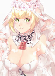  akapug621 bad_id bad_pixiv_id bare_shoulders blonde_hair breasts bridal_veil chains cleavage commentary_request detached_collar detached_sleeves fate/extra fate/extra_ccc fate/grand_order fate_(series) female flower green_eyes hair_flower hair_ornament large_breasts leotard lock nero_claudius_(bride)_(fate) nero_claudius_(bride)_(third_ascension)_(fate) nero_claudius_(fate) petals short_hair solo strapless strapless_leotard upper_body veil white_leotard white_sleeves zipper zipper_pull_tab 