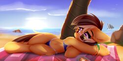  2019 beach bikini black_eyebrows blue_sky boat bracelet brown_hair brown_tail clothed clothed_feral clothing cloud cutie_mark day detailed_background digital_media_(artwork) earth_pony equid equine eyebrows eyewear female feral fur hair hasbro hi_res hooves horse jewelry long_hair lying mammal multicolored_hair my_little_pony navel omiart on_side on_towel outside plant pony purple_eyes sand sea seaside signature sky solo summer sun sunglasses swimwear tail tan_body tan_fur towel tree two_tone_hair vehicle water watercraft white_hair 