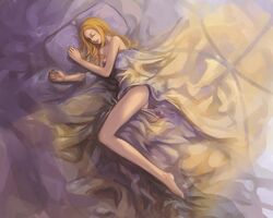  bed_sheet blonde_hair claymore_(series) commentary_request female legs long_hair lying naked_sheet nephy on_side pillow sleeping solo teresa_(claymore) thighs 