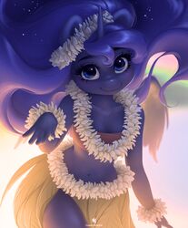  absurd_res alicorn anthro anthrofied bandeau blue_eyes blue_hair blue_theme blurred_background clothing cosmic_hair equid equine ethereal_hair female floral floral_grass_skirt flower flower_bracelet flower_garland friendship_is_magic garland grass_skirt hair hasbro hi_res horn katputze lei looking_at_viewer mammal my_little_pony mythological_creature mythological_equine mythology navel plant pose princess_luna_(mlp) pseudo_hair solo sparkles topwear wings 