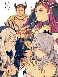  ... 1boy 3girls absurdres animal_ears aversa_(fire_emblem) beard black_gloves breasts brown_hair camilla_(fire_emblem) camilla_(hostile_springs)_(fire_emblem) candy cleavage closed_mouth commentary_request dark_skin demon_horns dorcas_(fire_emblem) dorcas_(halloween)_(fire_emblem) facial_hair facial_mark fake_animal_ears fire_emblem fire_emblem:_the_blazing_blade fire_emblem_awakening fire_emblem_fates fire_emblem_heroes food from_side gloves hair_over_one_eye hat heart highres holding horns large_breasts loki_(fire_emblem) loki_(spring)_(fire_emblem) looking_to_the_side multiple_girls nishimura_(shinchinagachi) parted_lips protected_link purple_eyes purple_hair rabbit_ears short_hair simple_background spoken_ellipsis white_background white_hair 