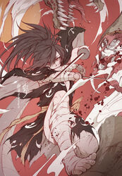  1boy amputee bandaged_arm bandaged_leg bandages barefoot bebseo biting black_hair blade bleeding blood blood_on_face bone commentary cutting dororo_(tezuka) expressionless flesh forked_tongue hair_between_eyes highres hyakkimaru_(dororo) japanese_clothes male_focus medium_hair open_mouth ponytail red_background red_eyes reptile saliva scales signature slit_pupils solo spine sun teeth tongue torn_clothes twitter_username weapon 