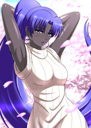  arms_behind_head assassin_(fate/zero) blue_hair blush breasts cherry_blossoms colored_skin commentary_request dark-skinned_female dark_skin dress earrings fate/grand_order fate/zero fate_(series) female female_assassin_(fate/zero) grey_eyes grey_skin hoop_earrings jewelry large_breasts long_hair looking_at_viewer petals pixiv_fate/grand_order_contest_2 ponytail ribbed_dress ribbed_sweater sleeveless sleeveless_dress sleeveless_sweater solo soranitoriga sweater sweater_dress very_dark_skin very_long_hair white_dress white_sweater 