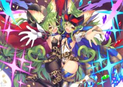  2girls ahoge animal_ears awakening_(sennen_sensou_aigis) belt bettle_(b_s_a_n) black_headwear black_legwear blue_cape boots breast_press breasts bridal_gauntlets cape cat_ears cat_tail cleavage coin commentary_request gem gloves green_hair hair_between_eyes hat heart heart_tail high_heel_boots high_heels highres knee_boots long_hair looking_at_viewer mask mask_on_head monocle multiple_girls oerba_yun_fang one_eye_closed open_mouth outstretched_arm red_cape saval_(sennen_sensou_aigis) sennen_sensou_aigis skin_fang small_breasts smile symmetrical_docking tail very_long_hair yellow_eyes 