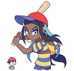  1boy absurdres backpack bag baseball_cap black_hair blue_eyes blue_hair commentary cosplay dark-skinned_female dark_skin earrings english_commentary female hat highres jewelry long_hair looking_at_viewer mother_(game) mother_2 multicolored_hair name_connection ness_(mother_2) ness_(mother_2)_(cosplay) nessa_(pokemon) pokemon pokemon_swsh shirt short_hair simple_background starbirbz 