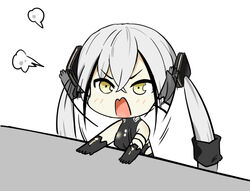  angry bare_shoulders black_gloves blush breasts commentary_request desk_slam destroyer_(girls&#039;_frontline) female girls&#039;_frontline gloves grey_hair hair_between_eyes hair_ornament long_hair nemoga open_mouth pale_skin sangvis_ferri sleeveless solo twintails yellow_eyes 