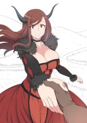  breasts brown_hair cleavage commentary_request demon_girl demon_horns dress fake_horns female fur_trim highres holding_hands horns huge_breasts kook korean_commentary long_hair maou_(maoyuu) maoyuu_maou_yuusha monochrome_background pov red_eyes 