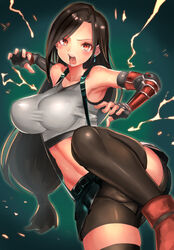  arm_guards armpits bike_shorts black_hair black_shorts black_skirt black_thighhighs breasts commentary_request crop_top earrings elbow_gloves electricity female fighting_stance final_fantasy final_fantasy_vii final_fantasy_vii_remake fingerless_gloves gloves hei_(heiyohei) jewelry long_hair looking_at_viewer low-tied_long_hair navel open_mouth shorts shorts_under_skirt skirt solo stomach suspenders thighhighs tifa_lockhart toned undershirt 