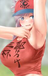  arm_up armpit_focus armpits bad_id bad_pixiv_id bare_shoulders baseball_cap blue_eyes blush breasts clothes_writing commentary earrings fate/grand_order fate_(series) female gachou hat highres jewelry large_breasts long_hair looking_at_viewer miyamoto_musashi_(fate) miyamoto_musashi_(traveling_outfit)_(fate) open_mouth pink_hair ponytail presenting_armpit red_hat red_tank_top solo sweat swept_bangs tank_top 