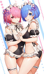  2girls absurdres adapted_costume ass black_one-piece_swimsuit blue_eyes blue_hair bow breasts bridal_garter character_name chestnut_mouth cleavage commentary_request covered_navel cowboy_shot detached_collar detached_sleeves frilled_one-piece_swimsuit frills hair_ornament hair_over_one_eye headdress highres holding_hands interlocked_fingers large_breasts looking_at_viewer maid maid_one-piece_swimsuit multiple_girls one-piece_swimsuit parted_lips photoshop_(medium) pink_eyes pink_hair puffy_short_sleeves puffy_sleeves ram_(re:zero) re:zero_kara_hajimeru_isekai_seikatsu rem_(re:zero) short_hair short_sleeves siblings sisters standing swimsuit thighs twins unconventional_maid white_bow x_hair_ornament y.i._(lave2217) 